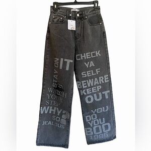 ADIKA Graphic Boyfriend Baggy Jeans Wide Leg High Rise Gothic Small Grey…